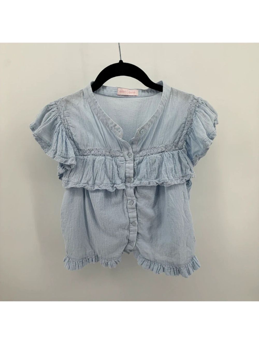 Ellen Anne Women’s M Light Blue Ruffle Lace Button Front Cotton Blouse
